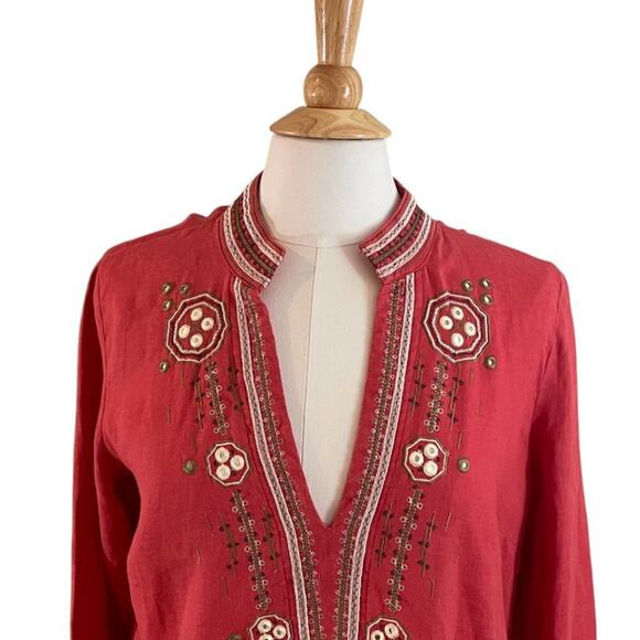VTG Old Navy Red Linen Long Sleeve Boho Embroidered V-Neck Tunic/Cover-Up Size L - Picture 2 of 14